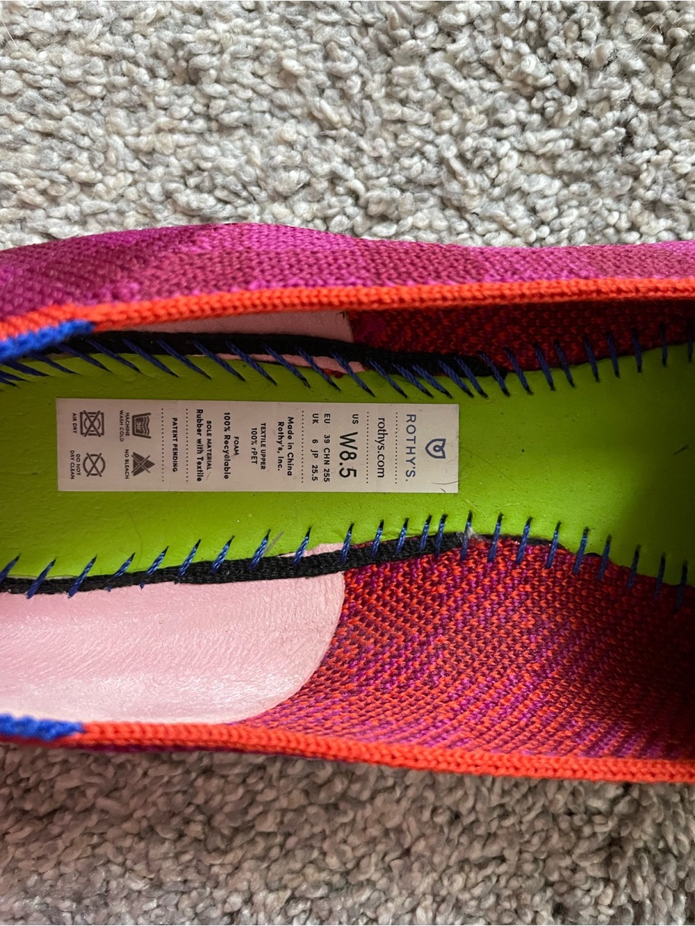 Rothy's Pink/Magenta Slip-On Flats with Orange Insoles - Picture 2 of 3